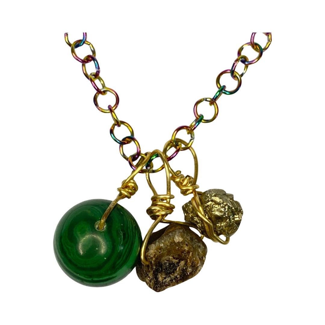 Malachite, Raw Tiger Eye & Pyrite Litmus Chain  18“ Princess Necklace