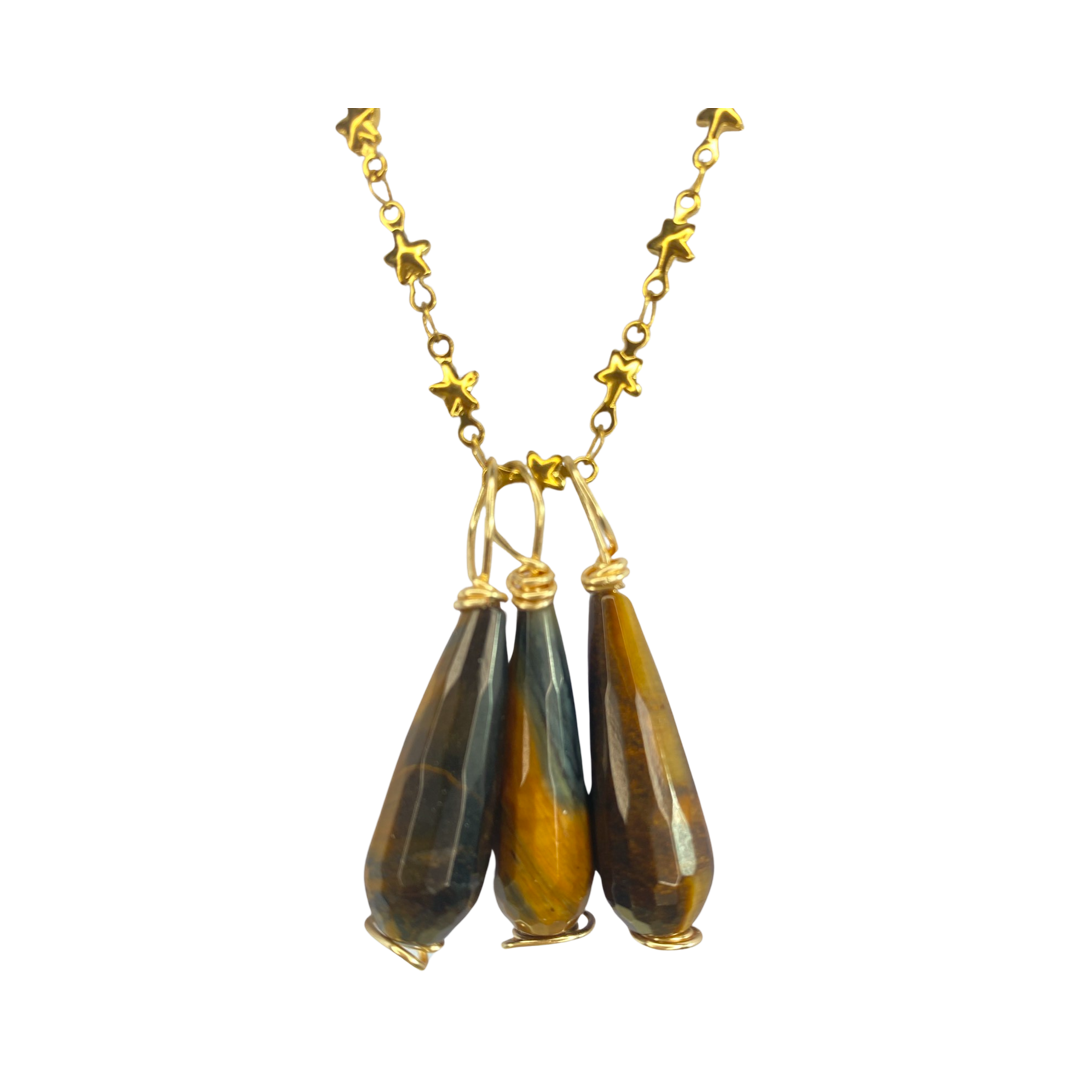 Three Tiger Eye  Drop Cluster 20“ Matinee Necklace