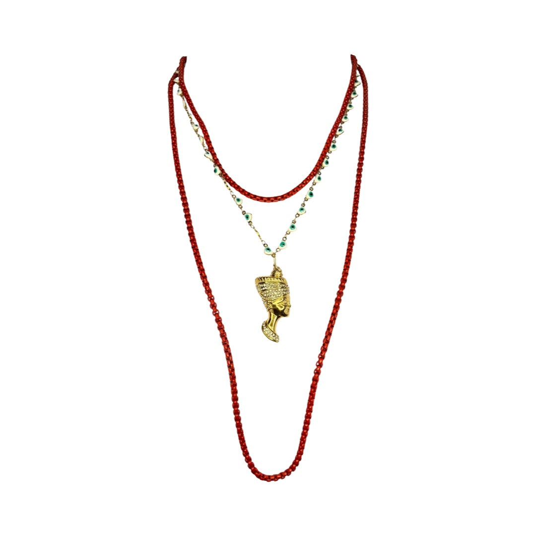 Gold Plated Rhinestones Nefertiti Stainless Steel Red Chain & Heart Eyes Chain Layered  30” Lariat Necklace