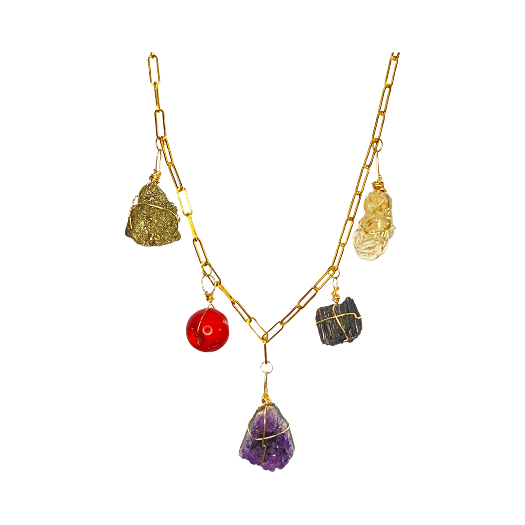 Pyrite, Red Jasper, Amethyst, Black Tourmaline & Desert Rose 30” Opera Necklace