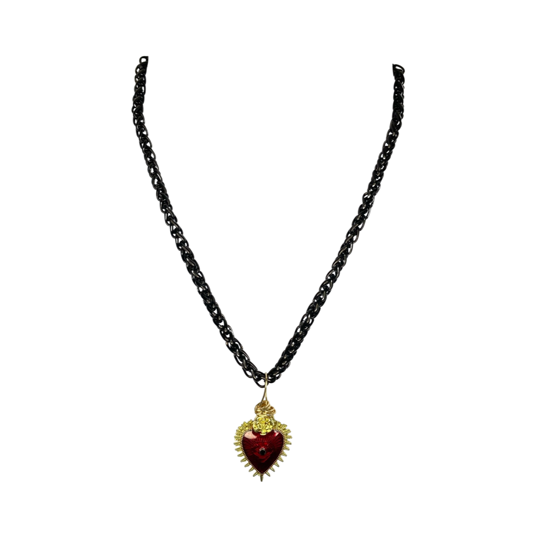 Gold Plated Sacred Heart Black & Red Reversible 20“ Matinee Necklace