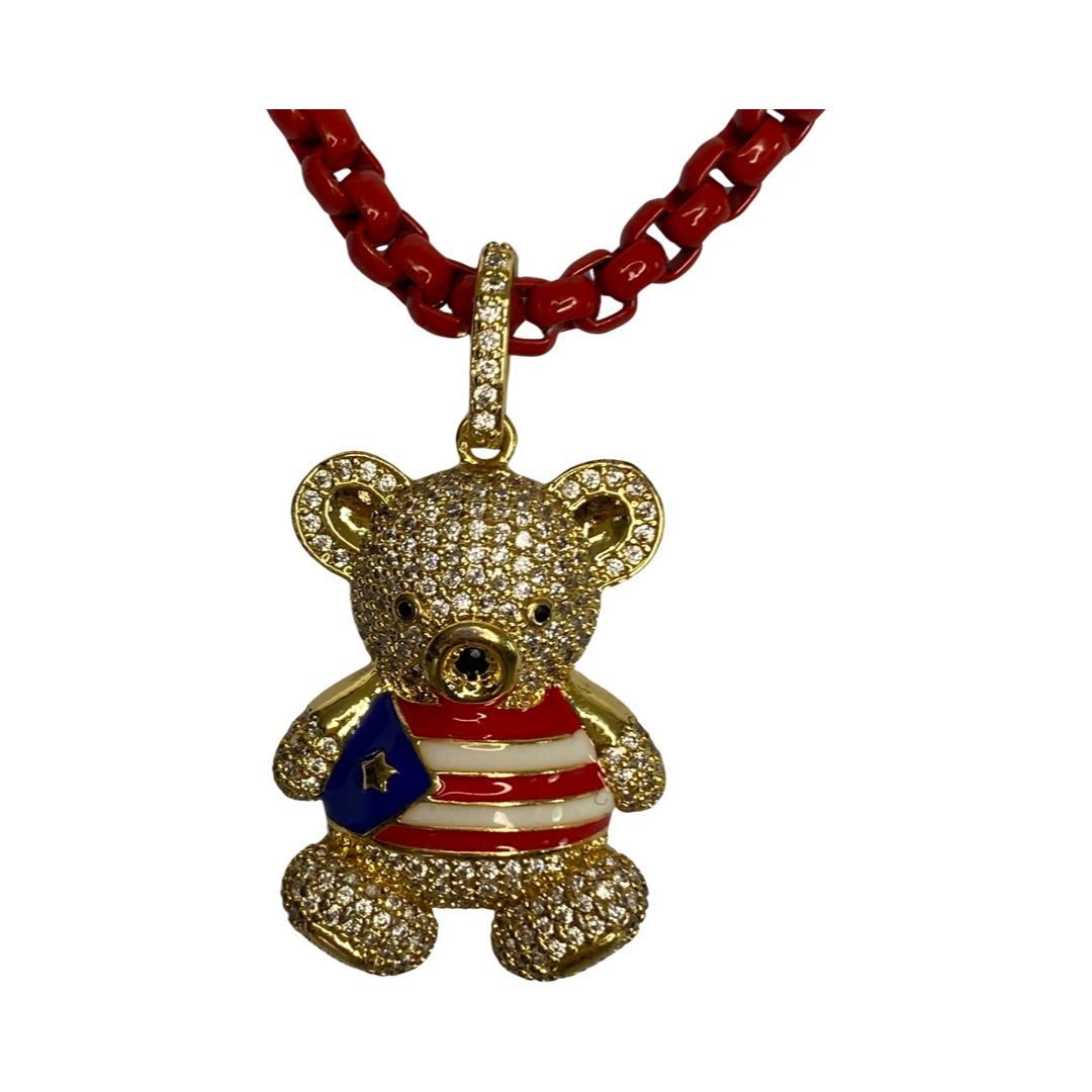 Gold Plated Rhinestones Bear Puerto Rico Flag Stainless Steel Red Chain 20” Matinee Necklace