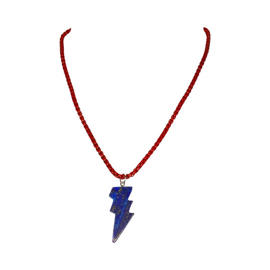 Lapis Lazuli Lighting Bolt Red Chain 20” Matinee Necklace