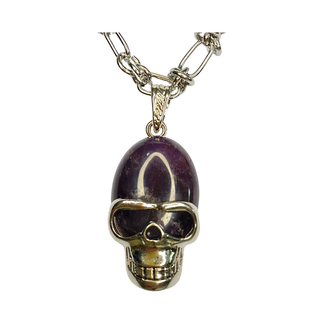 Amethyst Stainless Steel Skull 24” Matinee Necklace