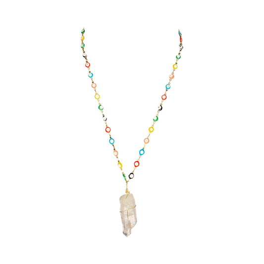 Clear Quartz Colorful Evil Eyes Chain 20” Matinee Necklace