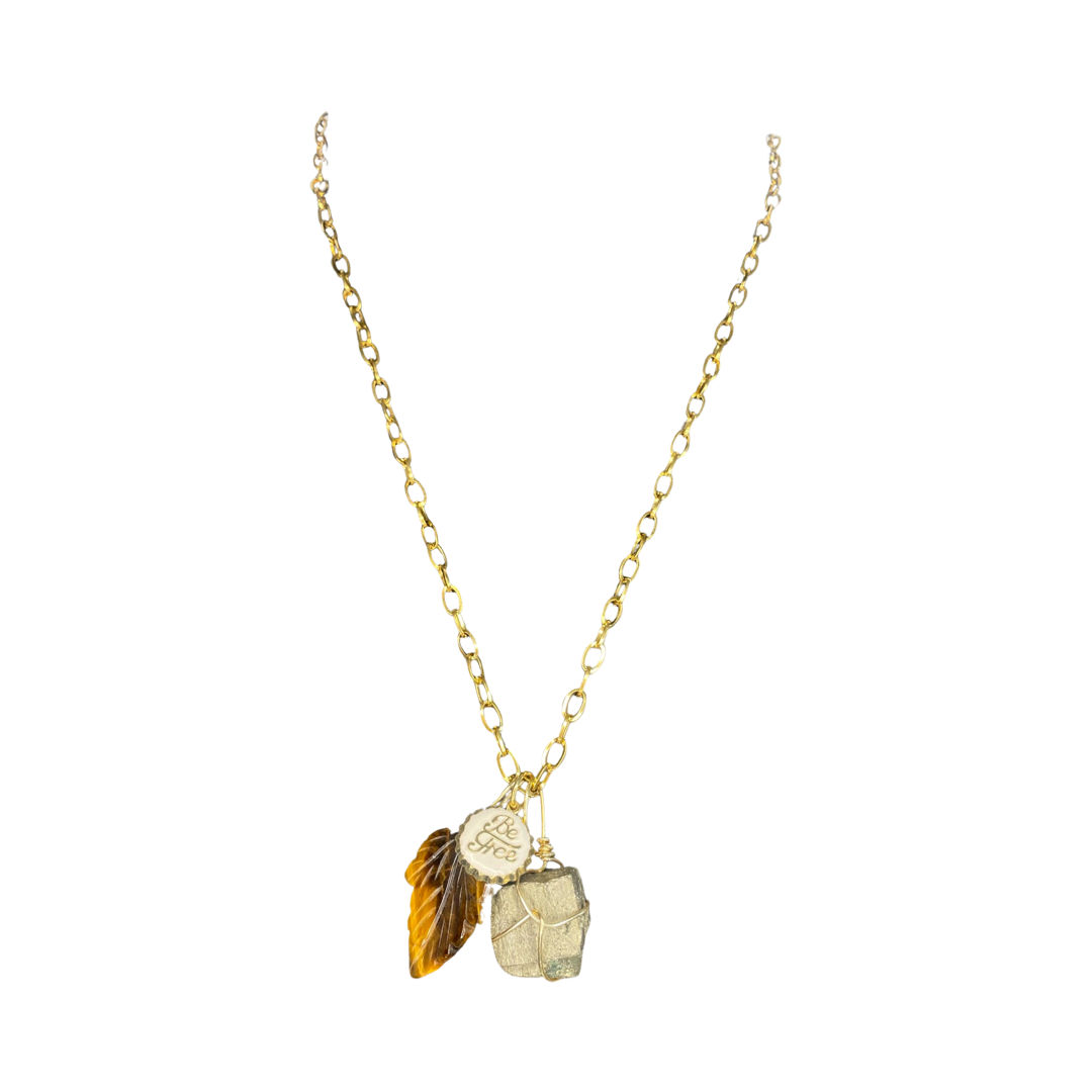 Tiger Eye Leaf, Pyrite & Enamel Charm Cluster 19“ Princess Necklace