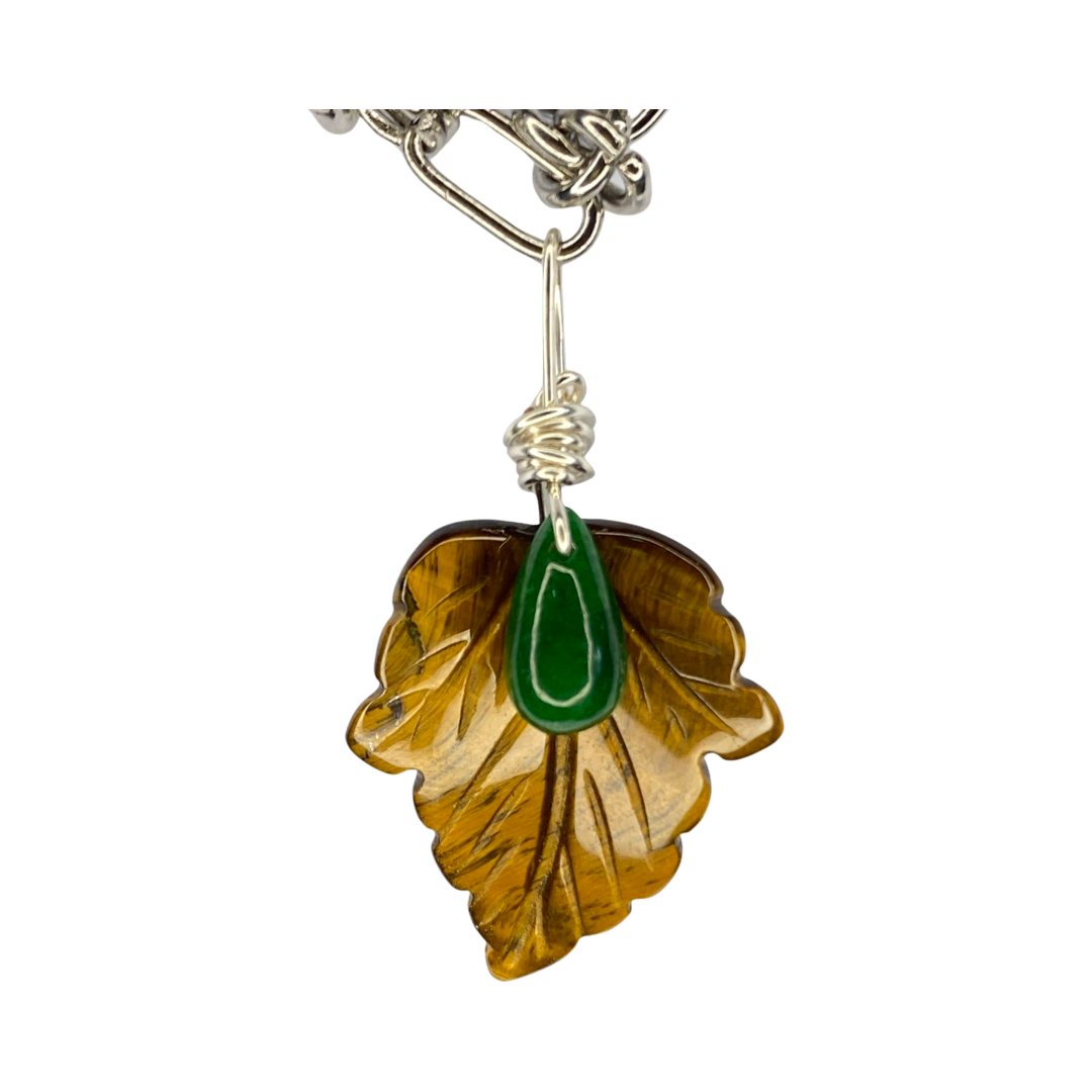 Tiger Eye Leaf & Green Jade Drop  26“ Opera Necklace